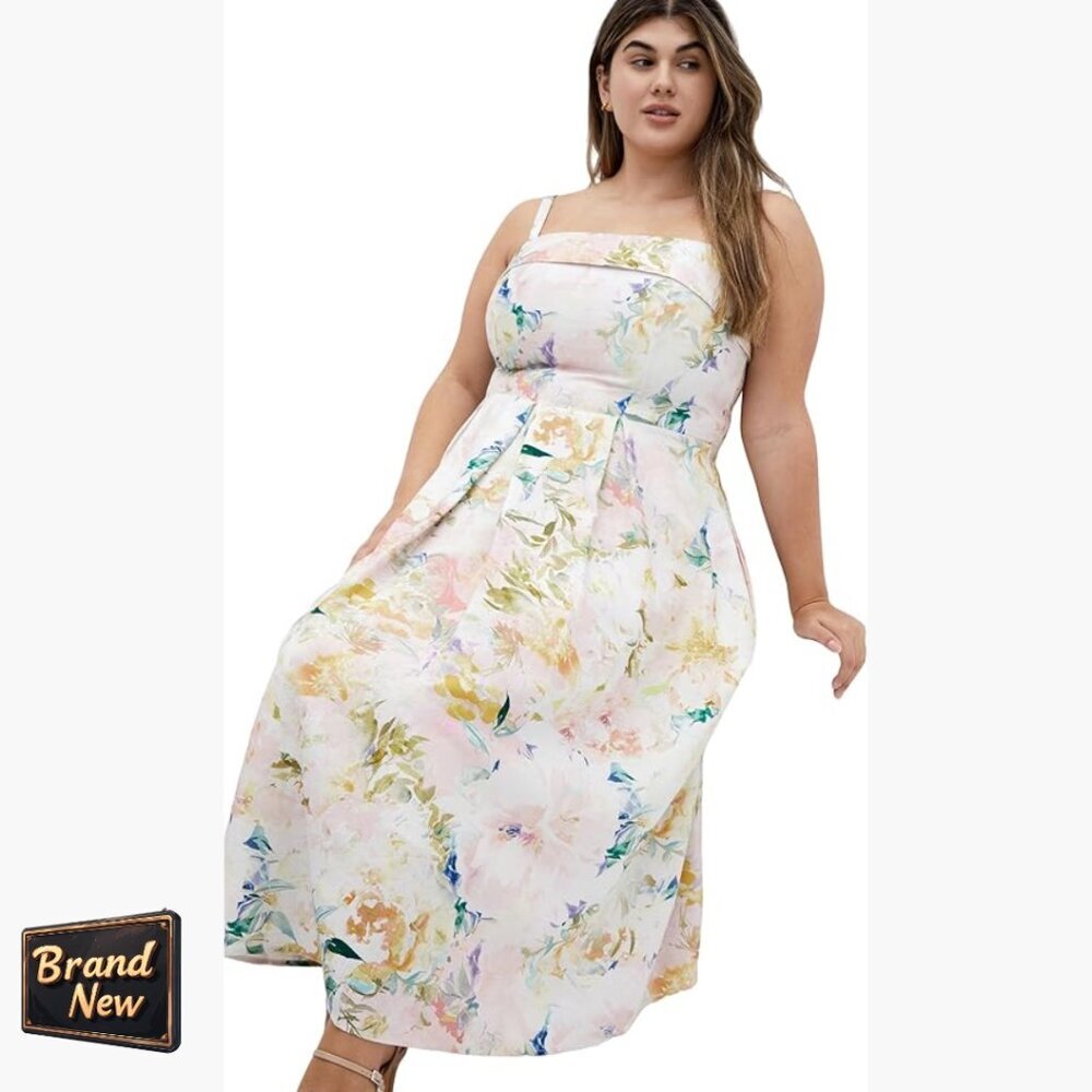 Linen Blend Midi Dress with Square Neck and Pockets, Size 12-26